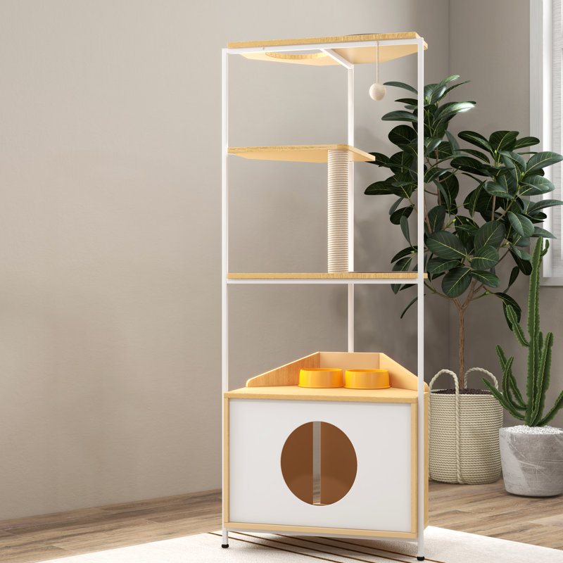 Tour pour chat d'intérieur avec poste d'alimentation et poteau à griffer, blanc et chêne, stable et fonctionnelle, poste de rangement peu encombrant, coffre pour arbre