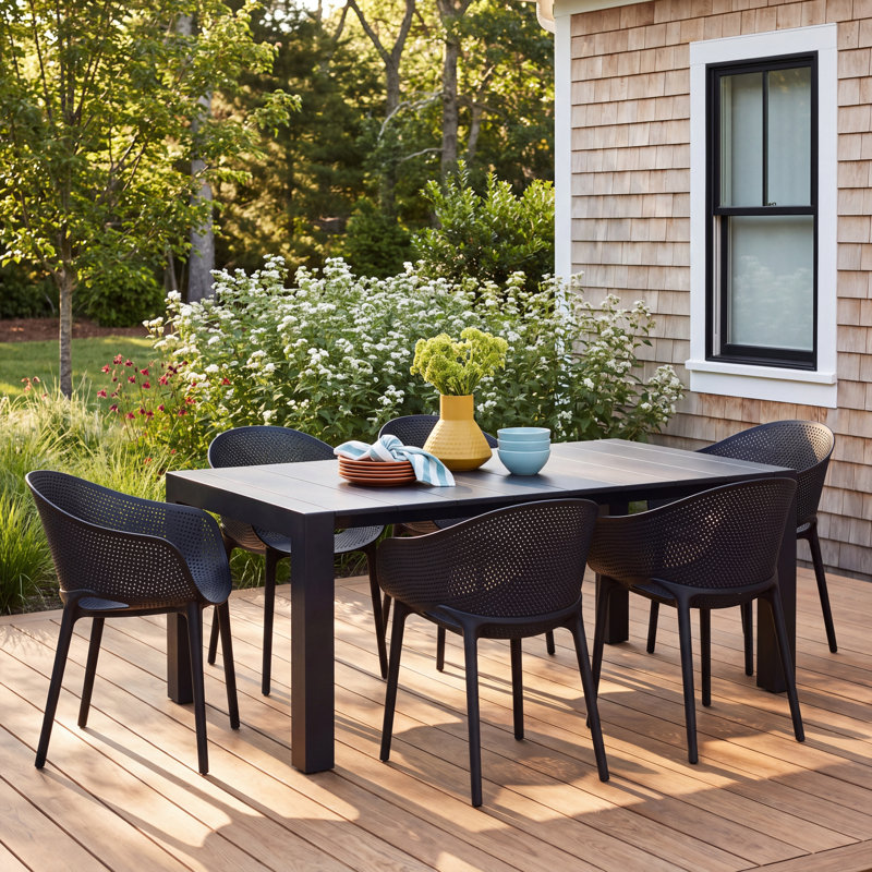 Farrah 70" W Extendable Plastic 7-Piece Patio Dining Set, Black
