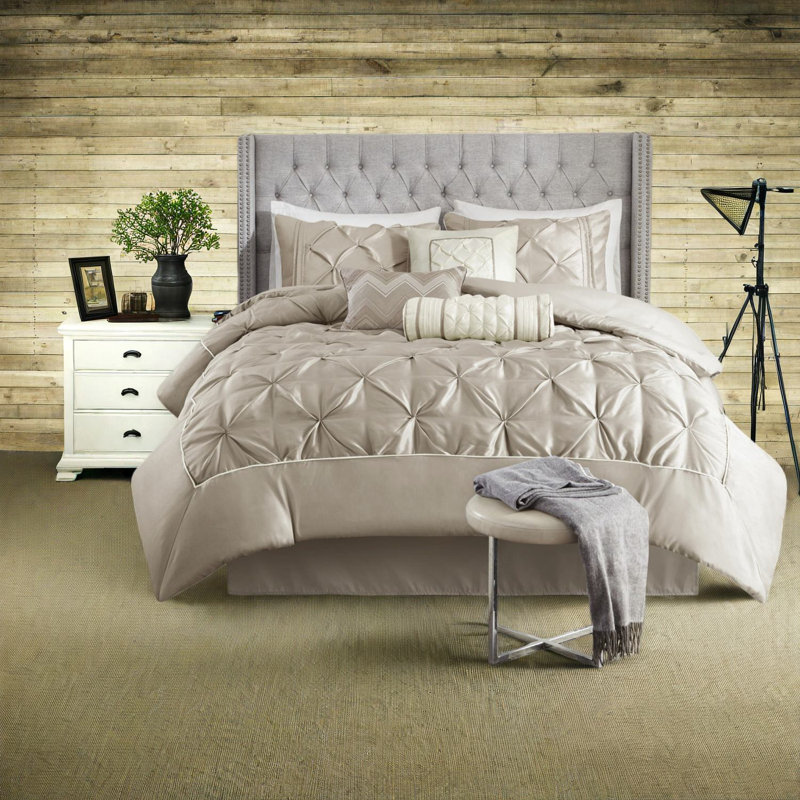Luxurious 7-piece Tufted Bedding Set, Polyester King Size, Taupe Elegance For Bedroom