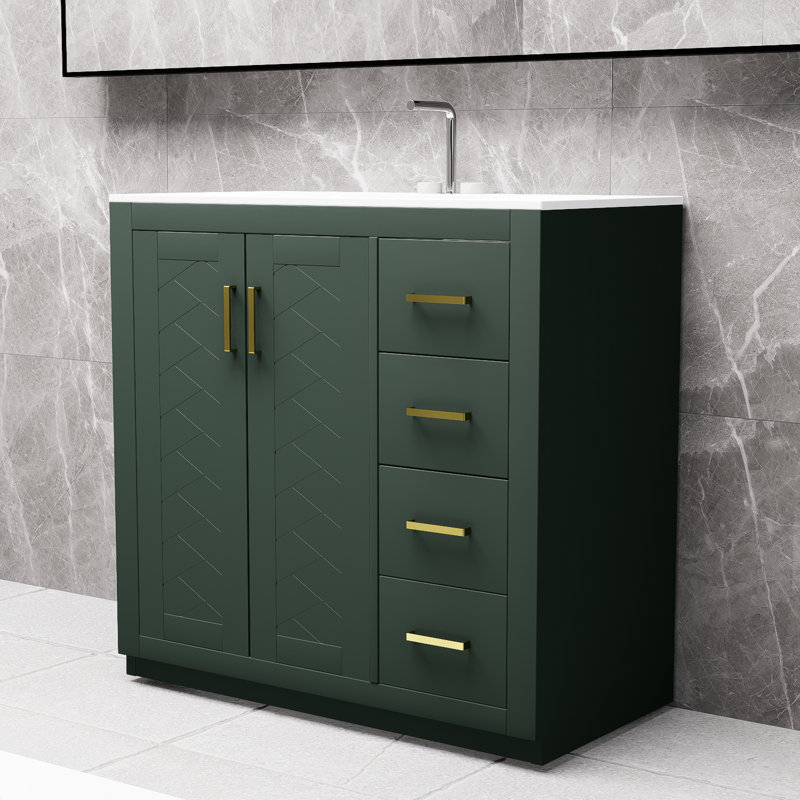 Meuble-lavabo vert 36 po avec lavabo en céramique, meuble de rangement en bois massif et meuble-lavabo autoportant