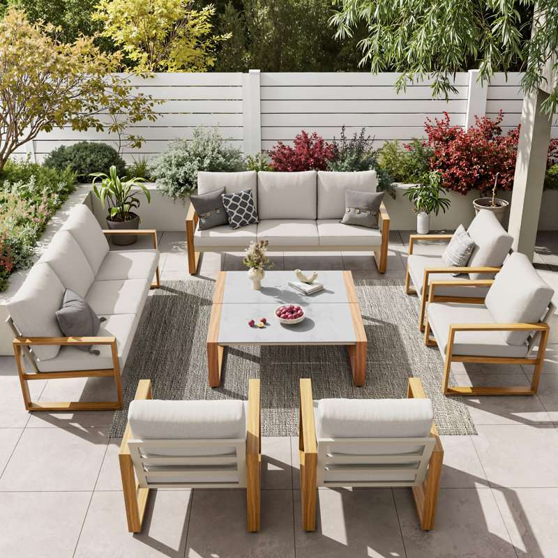 Ensemble de conversation d'extérieur 10 personnes à motif de bois avec coussins beige clair Arunas