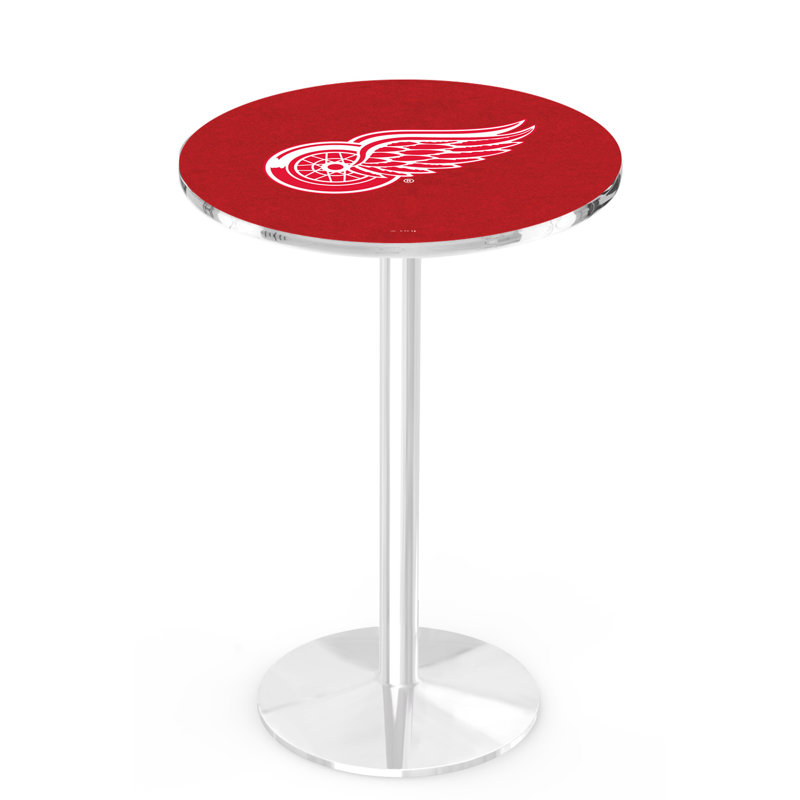 NHL Round Metal Base Dining Table, Chrome, Detroit Red Wings
