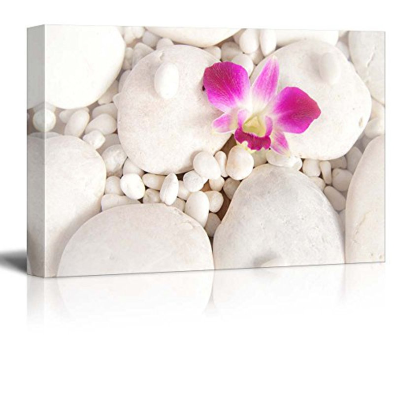 «Zen Stones Pink Orchid over White Rocks», reproduction de photo sur toile tendue, H 24 po x l 36 po x 1,5 po