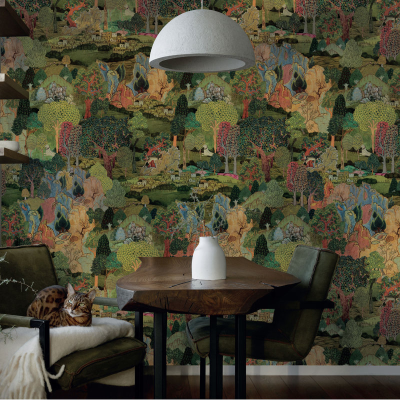 Papier peint rétro tapisserie Woodland, L 117,96 po x l 225 po, Vert