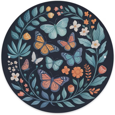 Round Metal Tin Sign Wall Art with Flower Butterfly Design 8 x 8 Inches for Home and Garden Decor