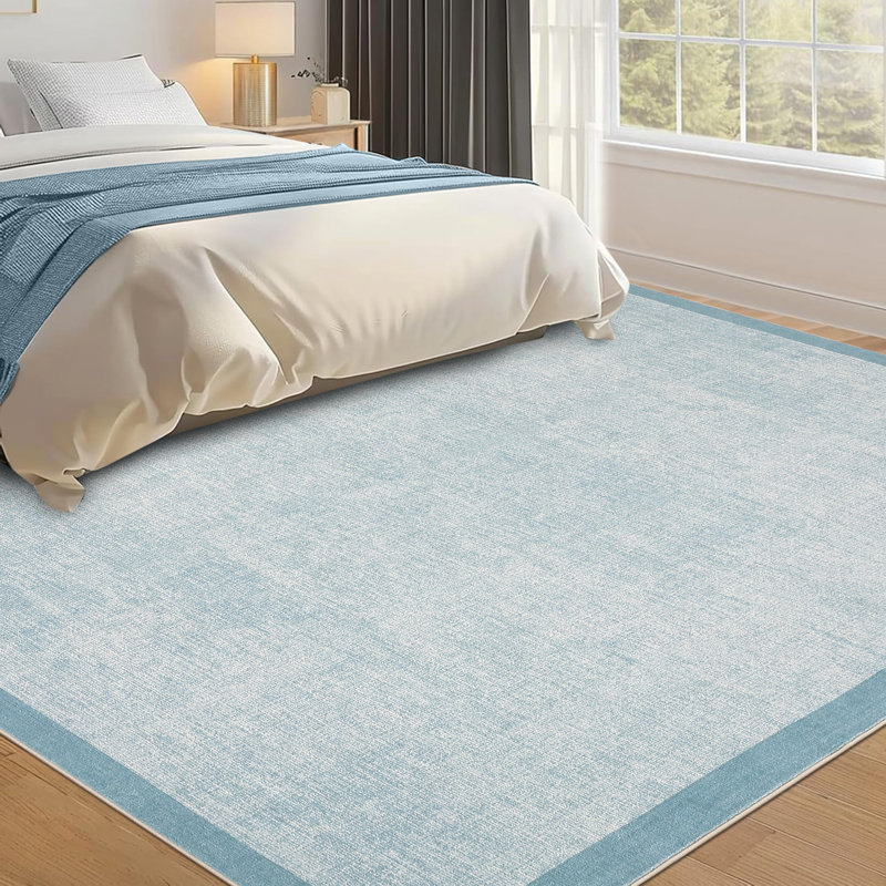 Bordered Machine Washable Rug with Rubber Backing Non Slip Soft Non Shedding Low Pile Thin Foldable Indoor Carpet, Light Blue