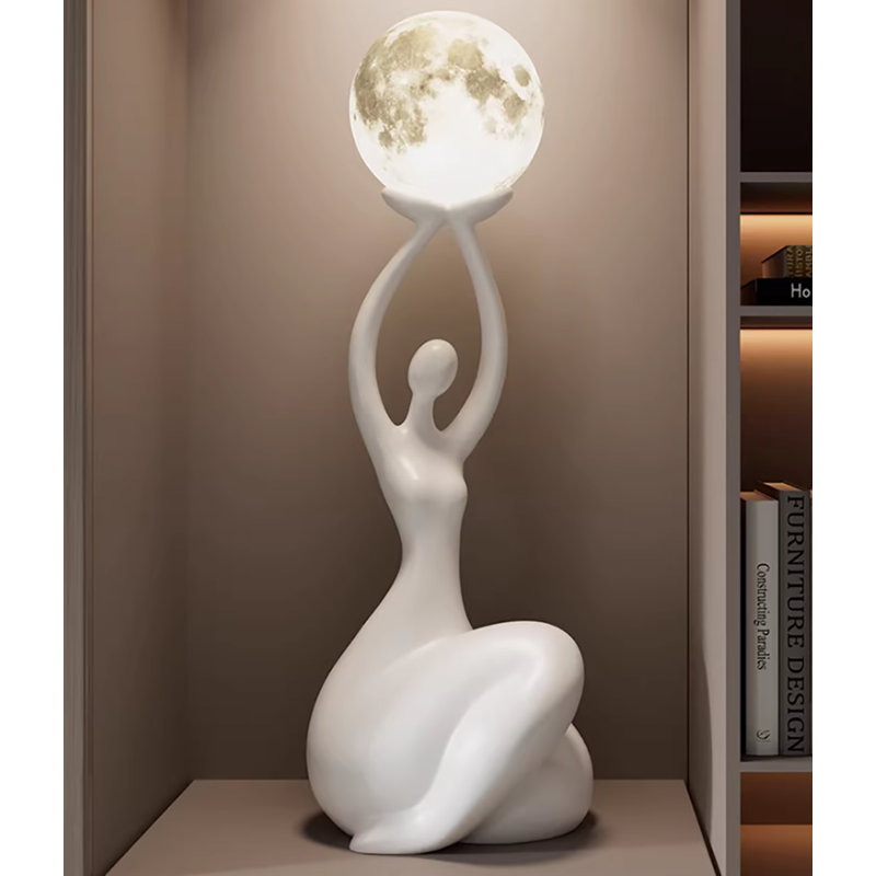 Lampe sculpture en résine: lumière de lune rechargeable avec télécommande, Blanc