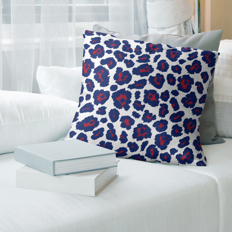 Housse de coussin carrée à imprimé léopard New York, Blanc / Bleu / Rouge, 20 po X 20 po, Croisé en coton