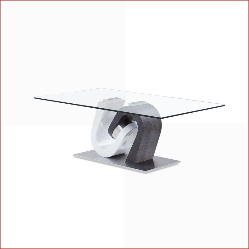 Table basse en verre transparent avec base piédestal bicolore, facile à nettoyer et élégante pour le salon
