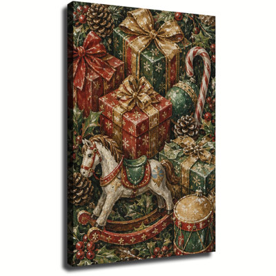 Vintage Christmas Gift Boxes With Rocking Horse, Pinecones And Candy Cane Art, Canvas Wall Art For Rustic Holiday Room Decoration