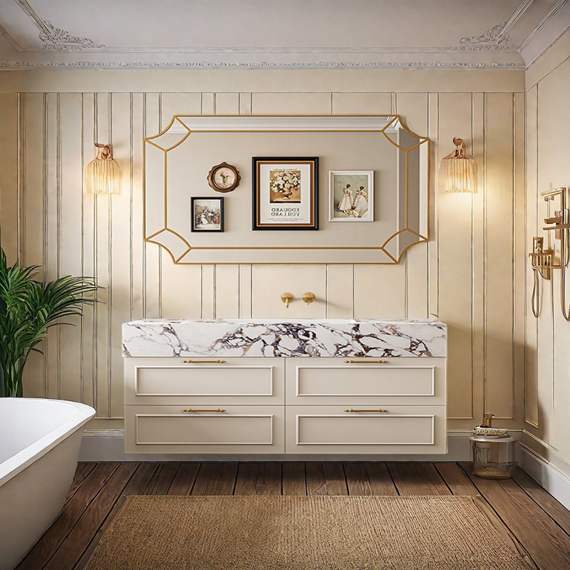 Armoire de salle de bain de style français, 63", Blanc cassé / blanc