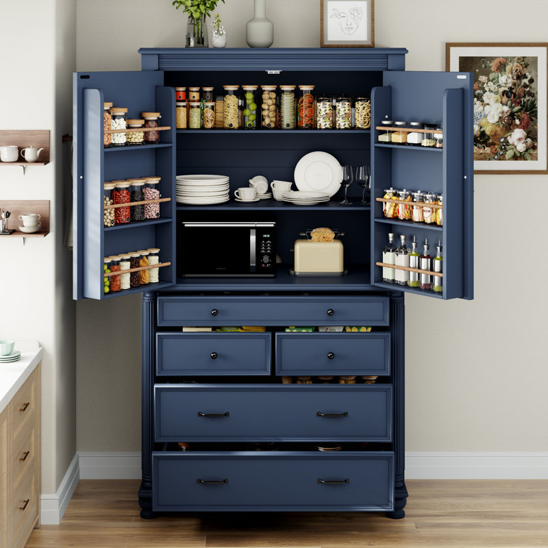 Armoire de cuisine autoportante de 77,3 po de hauteur avec 5 tiroirs, 6 tablettes de porte, tablettes réglables et grand comptoir