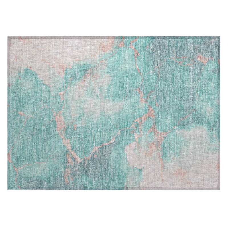Tapis bleu sarcelle lavable à la machine intérieur / extérieur Xhevrie, Rectangle 1 pi 8 po x 2 pi 6 po
