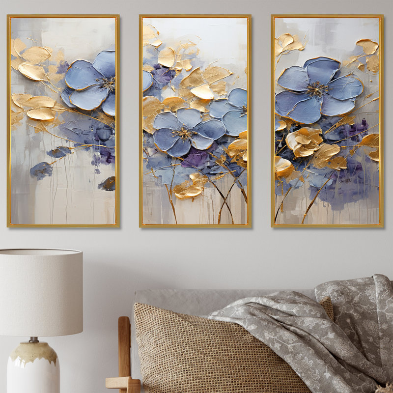 «Blue and Gold Exquisit Violets I - Violets», ensemble de reproduction d'art mural, Cadre flottant doré