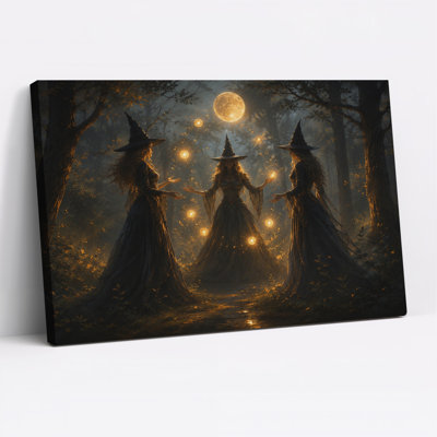 «Three Witches with Glowing Orbs In Moonlit Forest», art mural sur toile