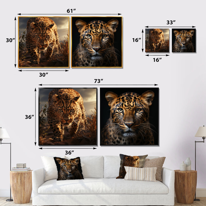 «Leopard In The Wild At Sunset I», ensemble de 2 reproductions d'art sur toile léopard, Toile tendue