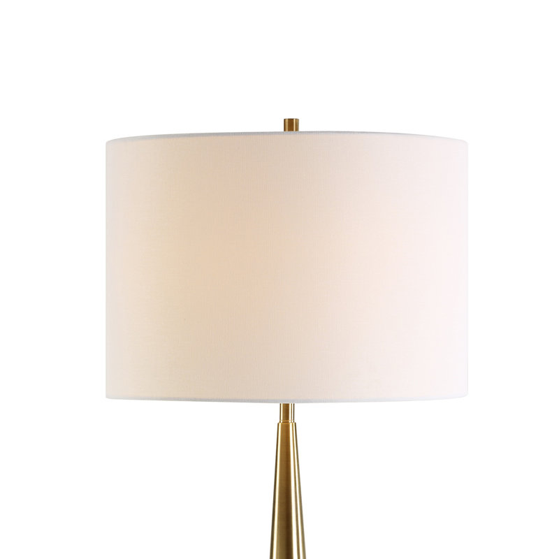 Lampe de table Modern Modern, abat-jour tambour en lin blanc, base fuselée en métal doré