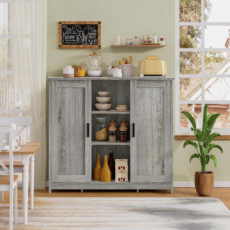 Armoire de rangement avec 2 portes et 4 tablettes réglables, armoire avec rangement, armoire de plancher pour le salon, le vestibule, la cuisine, gris rustique