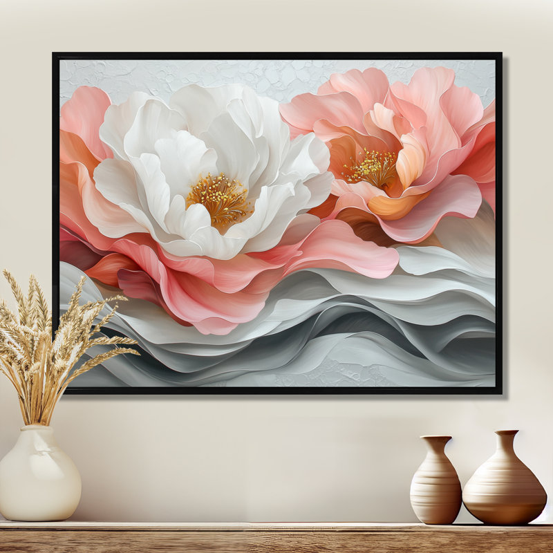 Blanc et corail, pivoines élégantes I - pivoines, art mural, H 30 po x l 40 po, Noir, noir, noir, noir