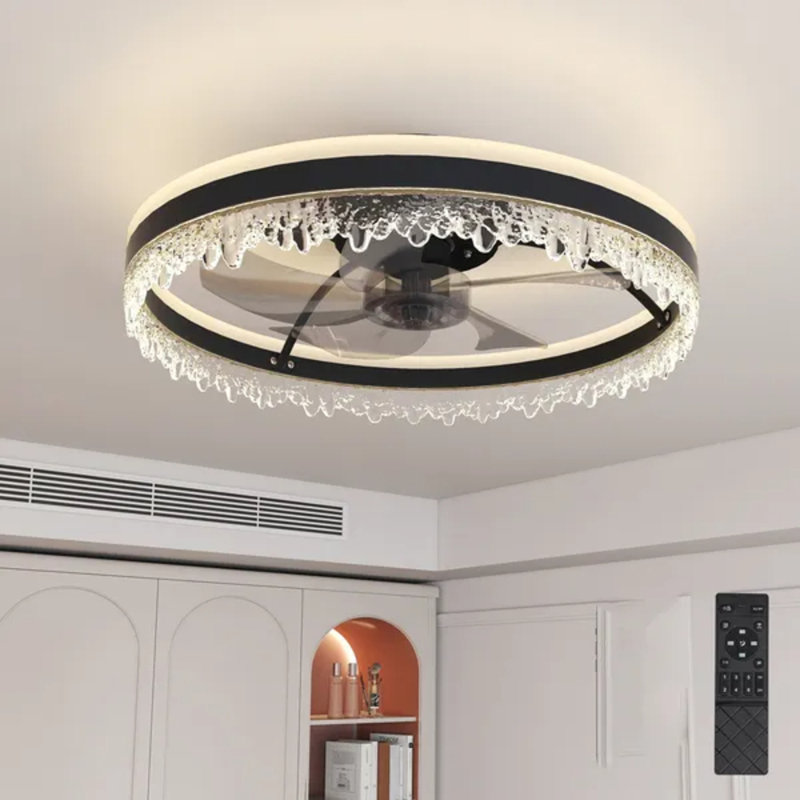 20-inch Black Smart Ceiling Fan Light With Silent Motor, Dimmable Led, Invisible Blades & Crystal Design, Remote & App Control, Multi-speed For Bedroom Study Dining Room