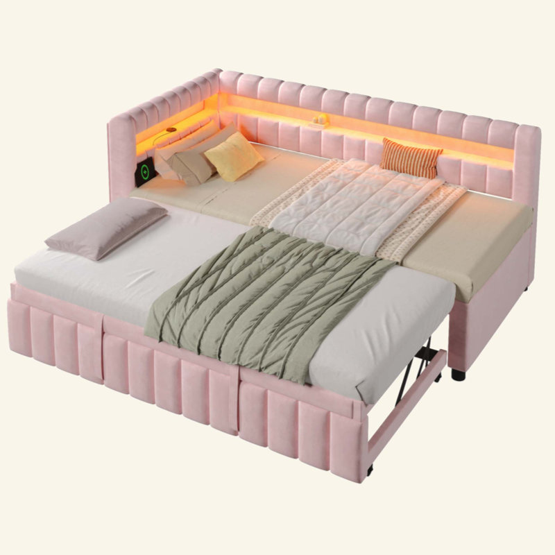 Upholstered Daybed with LED Lights,USB and Pull Out Trundle Bed