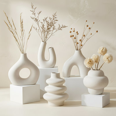 5-Piece Nordic Modern Boho Ceramic Vase Set – Matte Minimalist Flower Vases for Shelf & Home Decor
