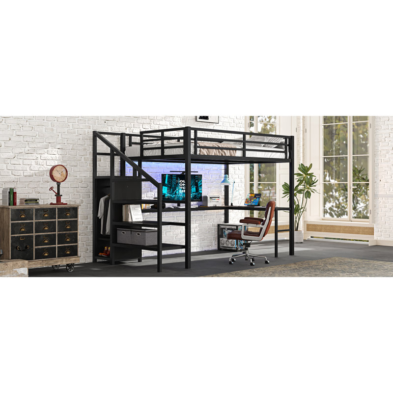 Lit mezzanine double avec bureau en L et port USB, lit mezzanine en métal avec garde-robe et tablette réglable, lit mezzanine haut avec DEL pour enfants, adolescents, adultes