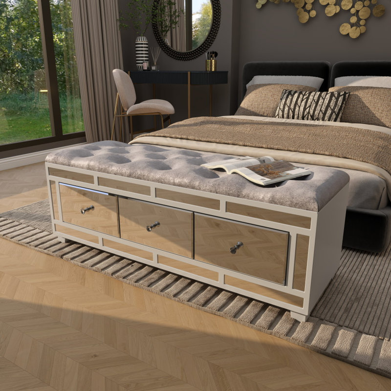 Banc en bois à 3 tiroirs avec siège rembourré avec miroir Hindsville, gris