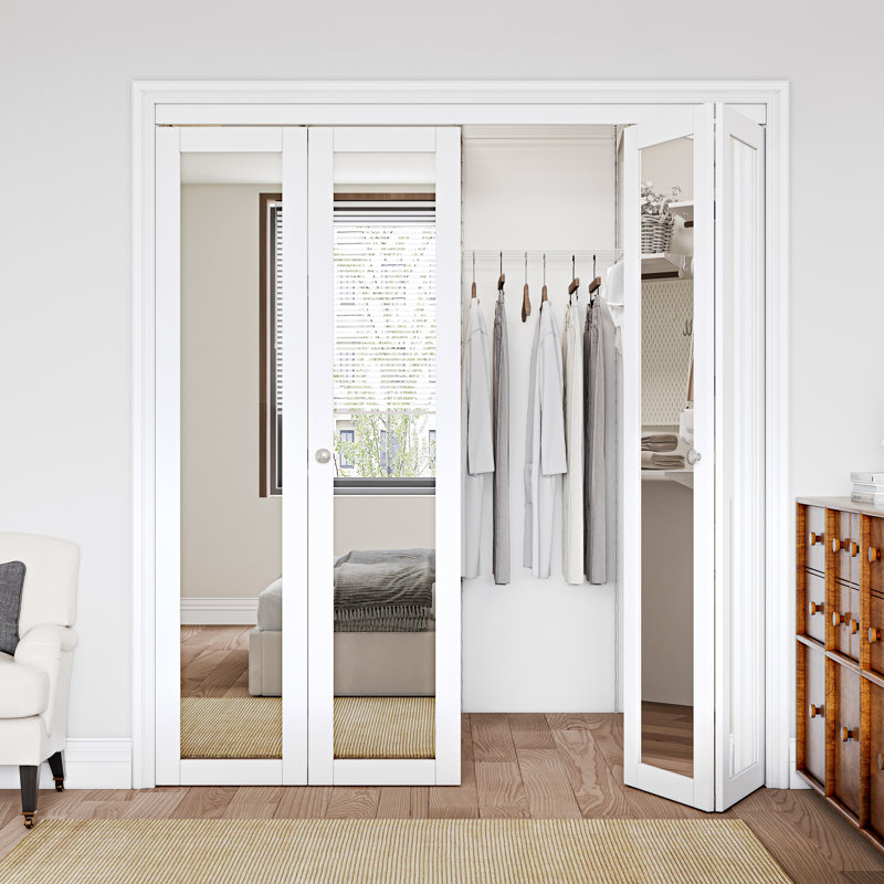 Porte pliante en bois massif à double miroir 64 "x80" avec trousse de quincaillerie d'installation (garde-robe, garde-manger) Blanc