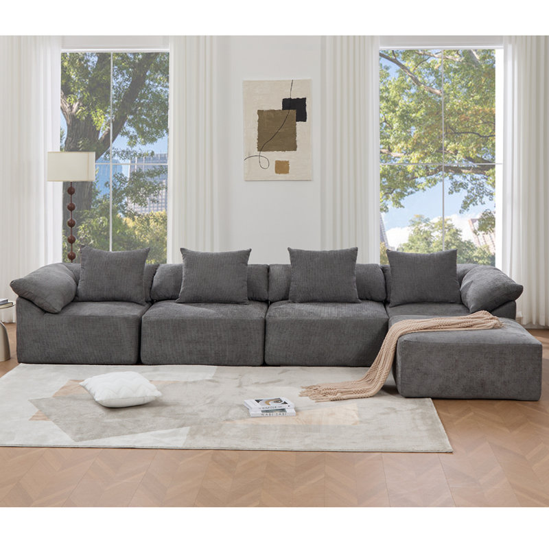 Boneless 142" L Shaped Modular Sectional Sofa,No Assembly,5 Piece Couch, Convertible Sleeper Couch,Full-Compressed Couch,Free-Combined Couches,5 Seat & Ottoman,Chenille