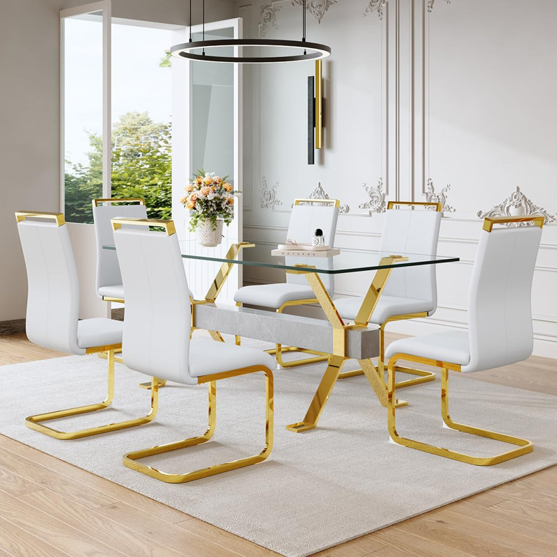 Table de salle à manger 71 "en verre pour 6 personnes, table de salle à manger moderne pour 6 personnes avec chaises en similicuir