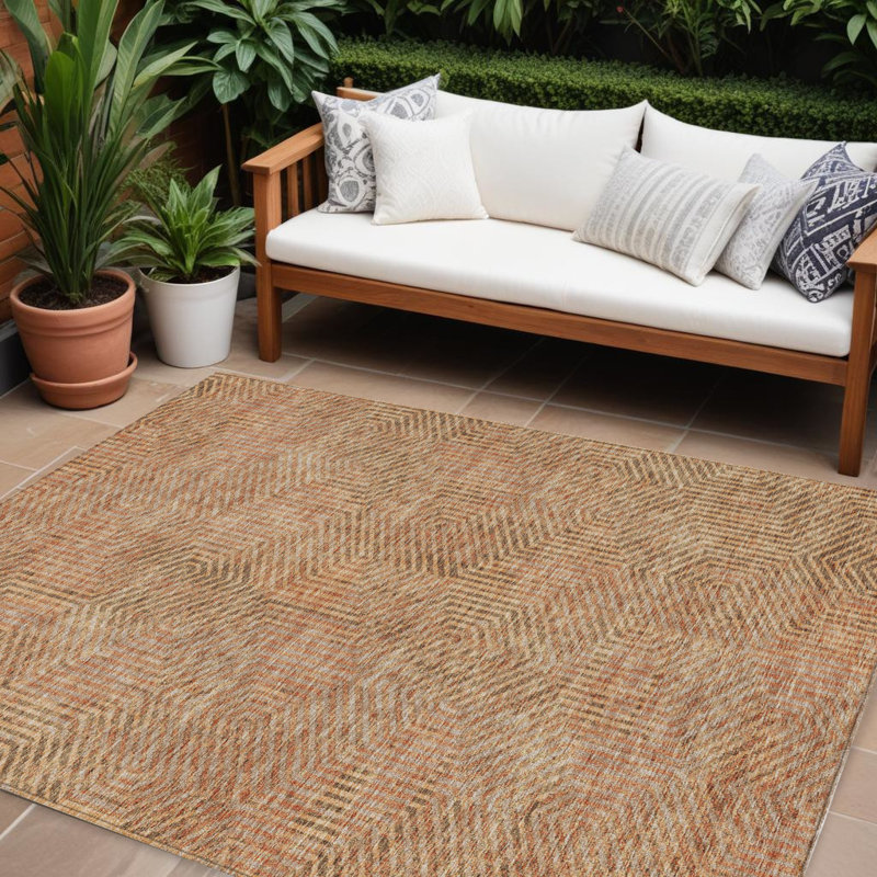 Tapis d'extérieur lavable à motif géométrique 10 pi x 14 pi brun et beige cuivré