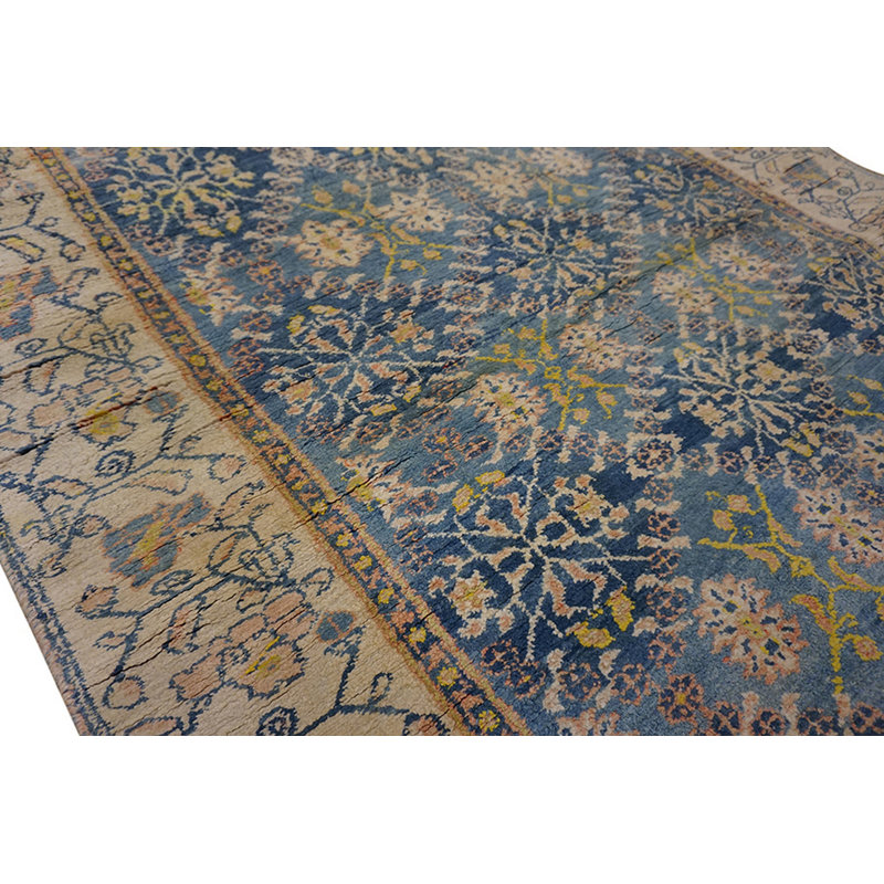 Small Tribal Geometric Antique Indian Blue and White Cotton Agra Carpet