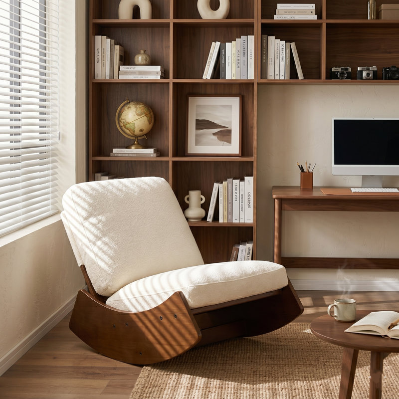 Solid Wood Rocking Chair, White Corduroy