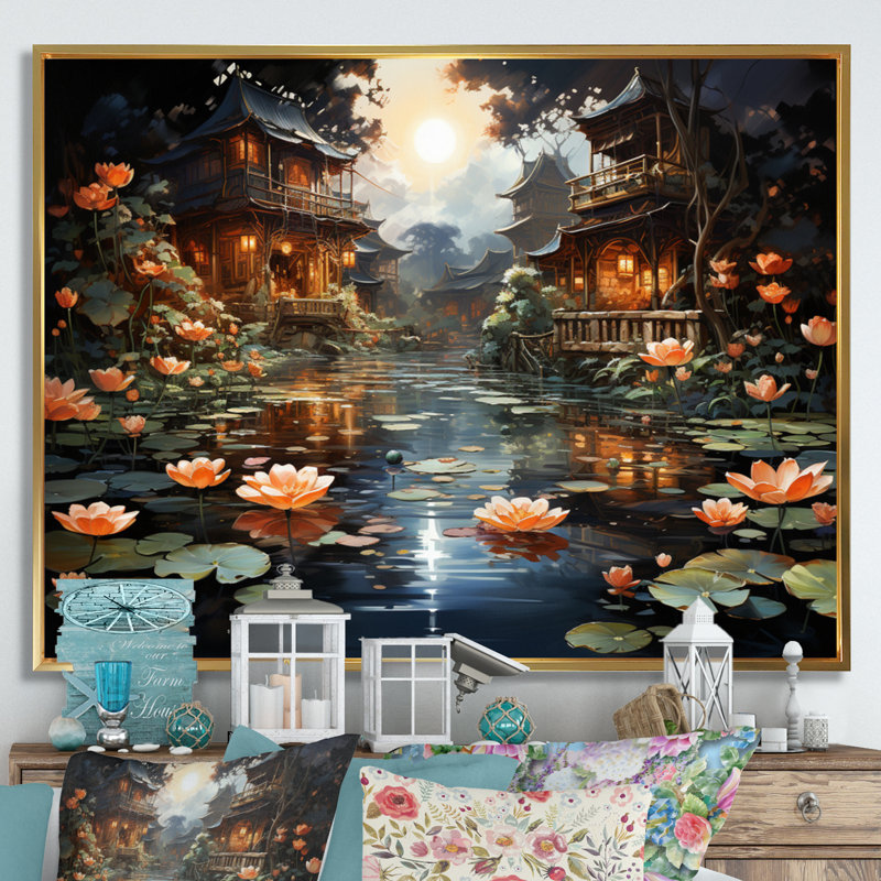«Mariannah China Art Lotus Lantern II», reproduction, Cadre flottant doré, H 30 po x l 40 po x P 1,5 po