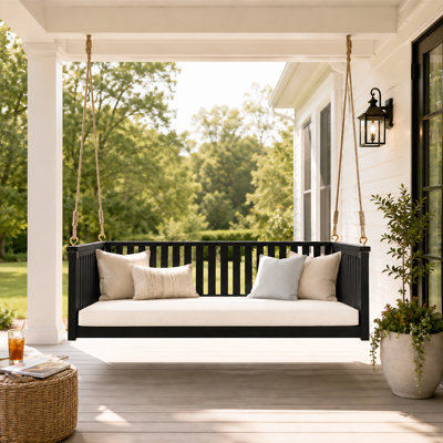 Patio Acacia Wood Porch Swing with Ropes, Minimalist Outdoor Twin Size Swing Bed