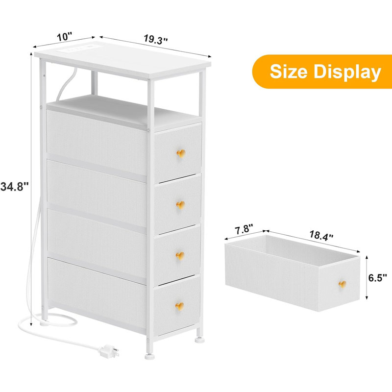 Set of 2 Narrow Bedside Table with USB Port, 4 Drawers Storage Cabinet, Nightstand with Power Socket