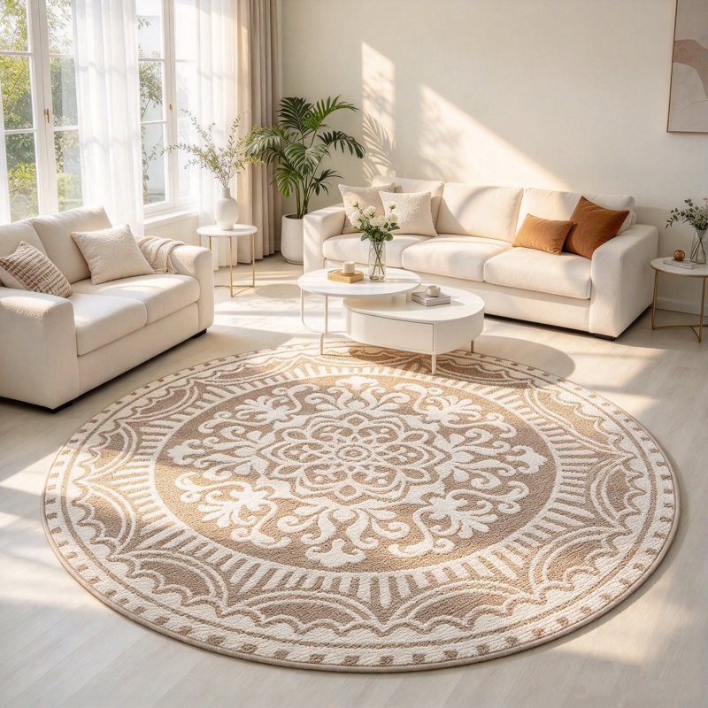 Tapis rond à médaillon beige résistant aux taches de 1,5 m, Rond 5 pi
