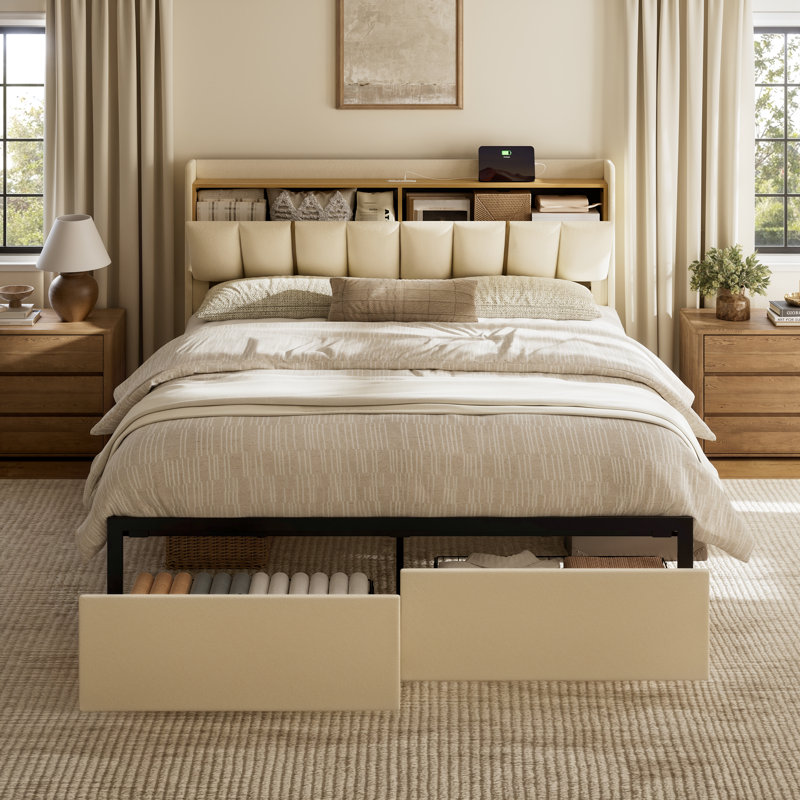 Grand lit tapissier avec 2 tiroirs et tête de lit ouverte avec lit plateforme et station de charge, Beige, Grand