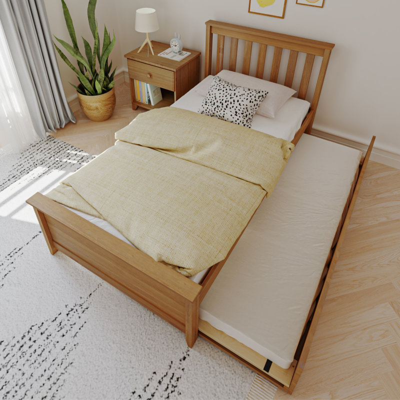 Lit plateforme simple en bois massif avec lit gigogne Boling, Pécan, Lit simple