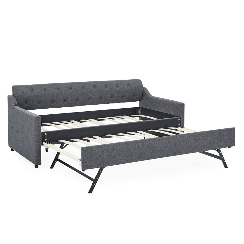 Twin Size Linen Upholstered Daybed, 300lbs Capacity With Erectable Trundle (82”l×41”w×33”) – Usb Charging Design, Button Tufted Back, Ideal For Guest Room/living Room/bedroom (no Mattress)