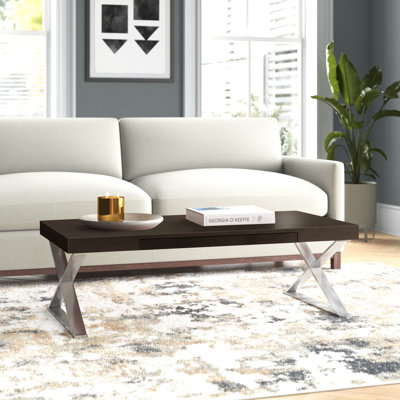 Pangea Home Alexa Cross Legs Modern Coffee Table with Storage - High Gloss or Wood Veneer Rectangular Coffee Table with Steel Metal Legs, Contemporary Living Room Centerpiece - Espresso Brown Coffee Table