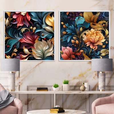 Ensemble de 2 colliers carrés Art Nouveau Blue Jewel Tones - Abstract Botanicals