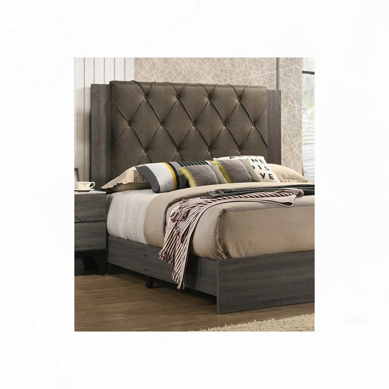 Rubberwood Frame Upholstered Bed, Gris / brun