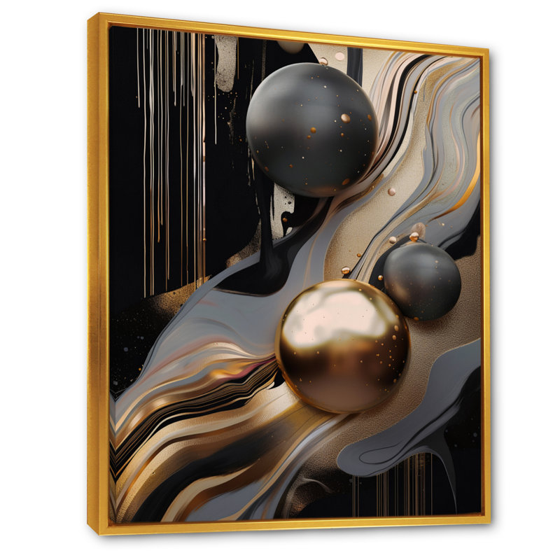 Or et marbre noir mirage I - art mural abstrait en marbre, H 44 po x l 34 po x P 1,5 po, Toile avec cadre flottant or