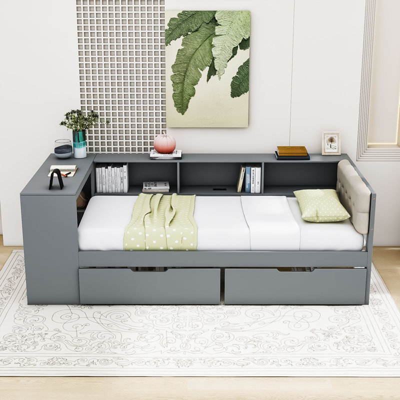 Two Drawers Wood Platform Bed with Storage Shelves and Charging Station, Twin, Gray