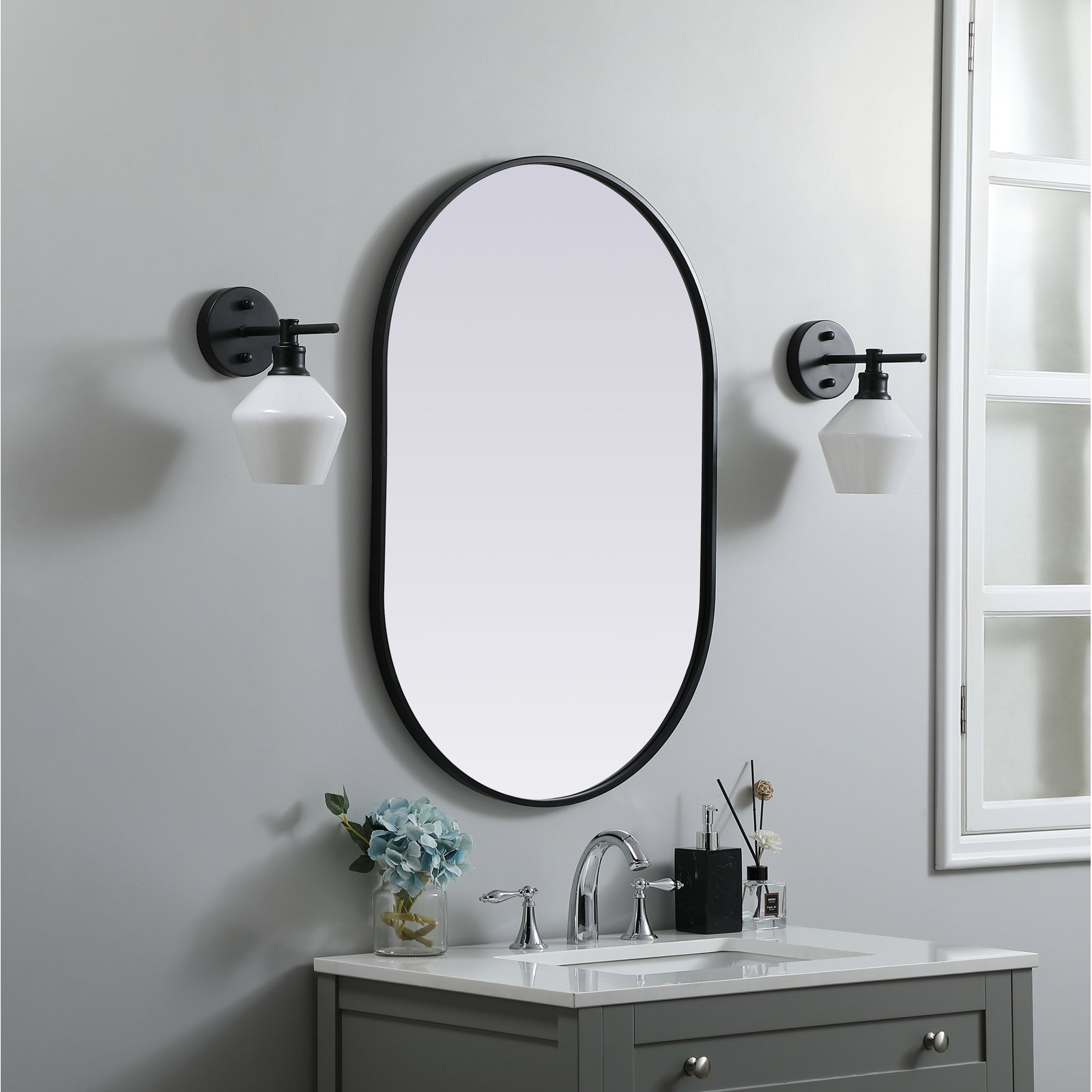 Sabine Metal Pill Wall Mirror, Black, 36" x 24"