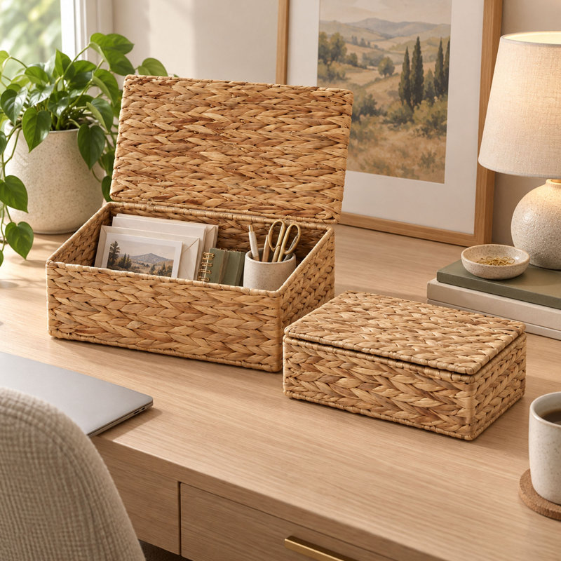 2-Piece Wicker Storage Boxes with Lids for Shelves and Home Organization