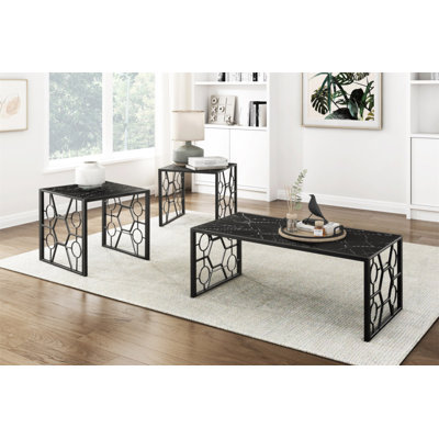 Modern 3-Piece Occasional Table Set Black Cocktail Table End Tables Marble-Print Tempered Glass Top