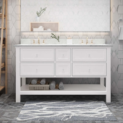 Luxurious Bathroom Vanity with Marble Top, Double Ceramic Sinks, Drawers and Open Shelf for Enhanced Bathroom Organization and Style